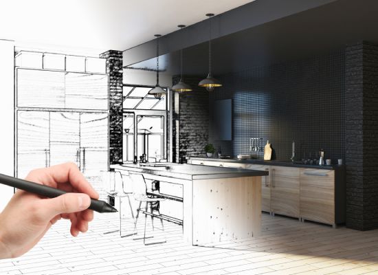 Hand drawing unfinished project of modern kitchen interior. Engineering and architecture concept. 3D Rendering