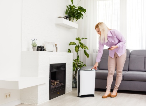 Air purifier , Business woman working with laptop use phone with filter for clean room in a living room