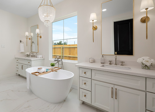 Luxurious bathroom: Villa homes design. vanity and tub. 