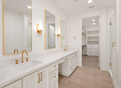 Luxury design bathroom. Gold and white design color. bathroom with 2 sinks and 3 mirrors. Closet: organizer drawers