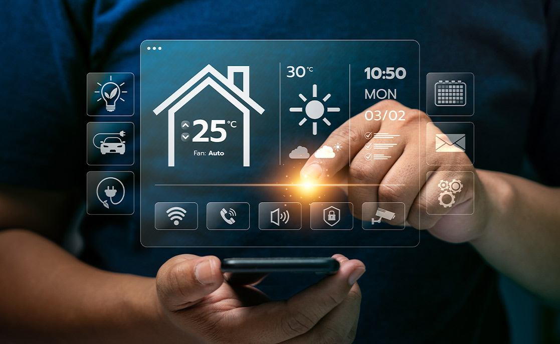 A man controls a home automation system with a smartphone, illustrating modern home trends in South Texas for 2026.
